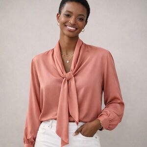 Vintage 100% Silk Tie Neck Blouse Dusty Pink Mauve Size M Chic Feminine Top